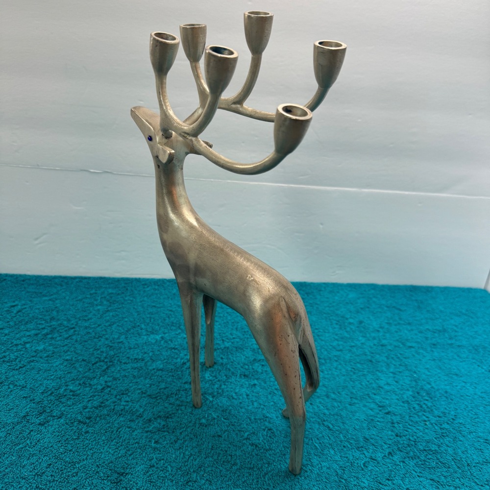 Vintage Silver Metal Reindeer Candelabra 6 Antler Taper Candle Holder Blue Eyes - Picture 7 of 12